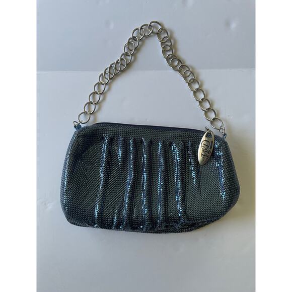 WD Whiting & Davis Blue Metalic Chain mail Mesh Shoulder Bag Evening Bag - Picture 11 of 16